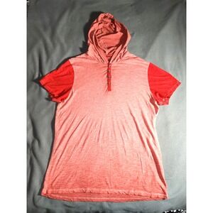 Guess Top  Womens Large Red Short Sleeve  Hooded Blouse Quarter Buttons T-Shirt